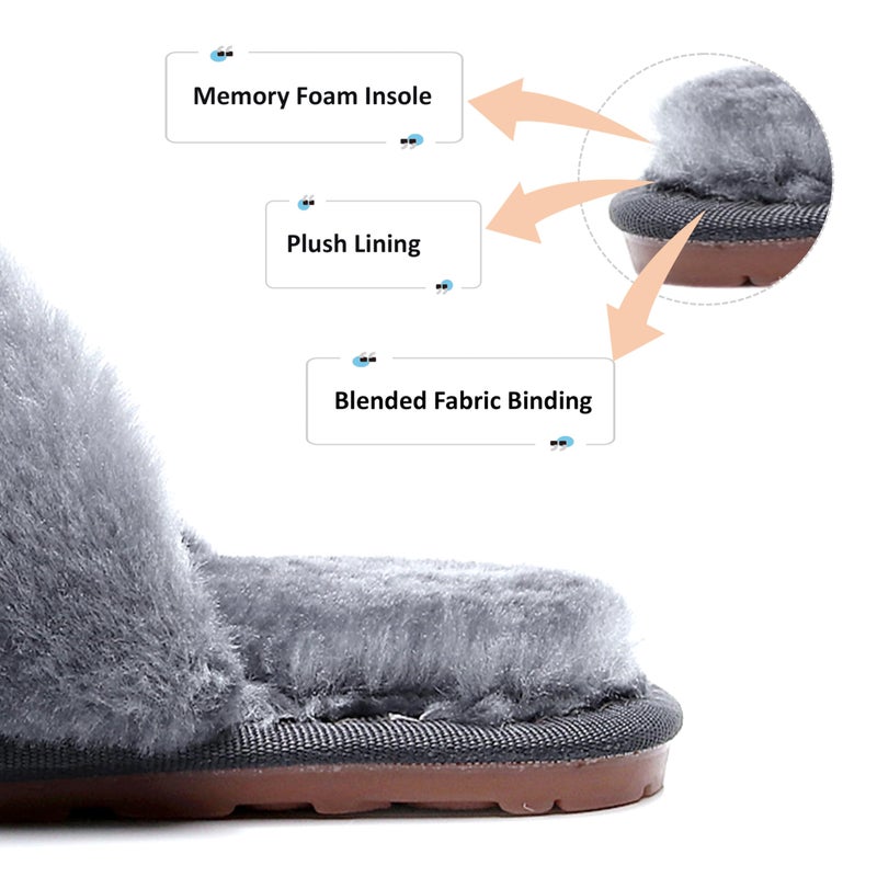Crazy Lady Women's Fuzzy Fluffy House Slippers Cute Plush Memory Foam Shoes Cross Band Indoor Outdoor Open Toe Sandals(06/Grey, 8.5-9.5) - Image 5
